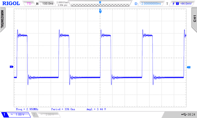Oscilloscop screen of 01_toggle.S with 2 toggle instructions